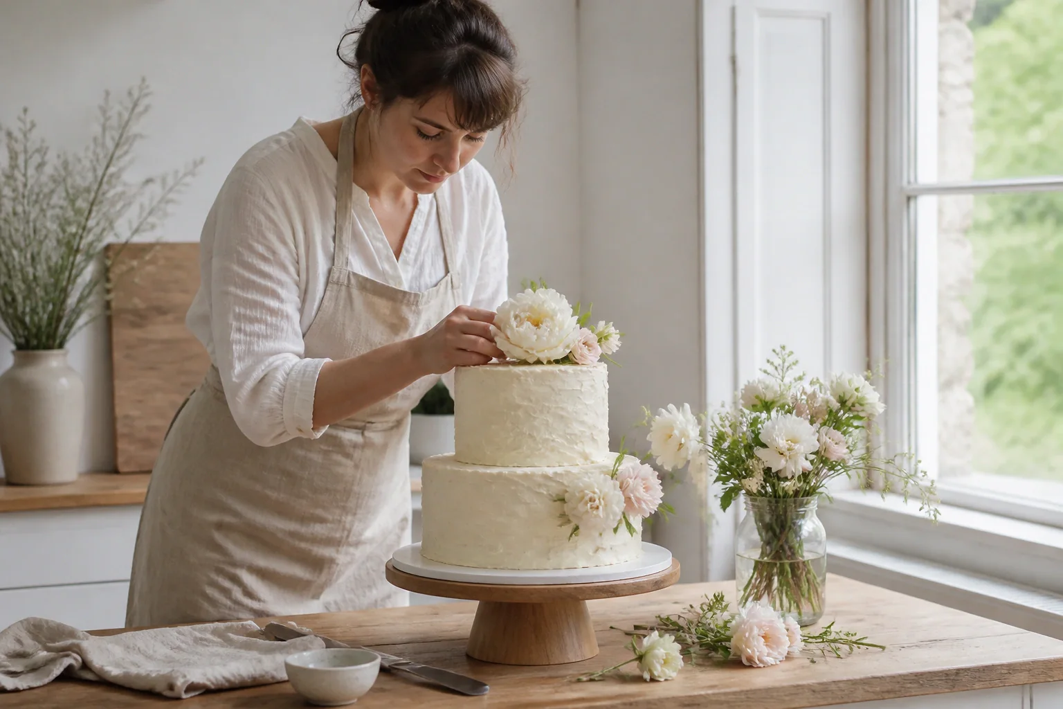 Gâteau de mariage préparé dans un atelier — illustration générée par IA