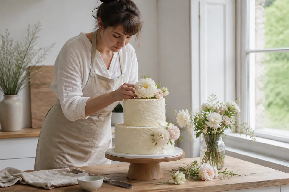 Gâteau de mariage préparé dans un atelier — illustration générée par IA