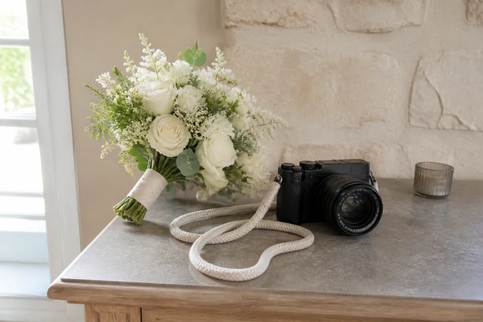 Appareil photo et accessoires de reportage de mariage — illustration générée par IA