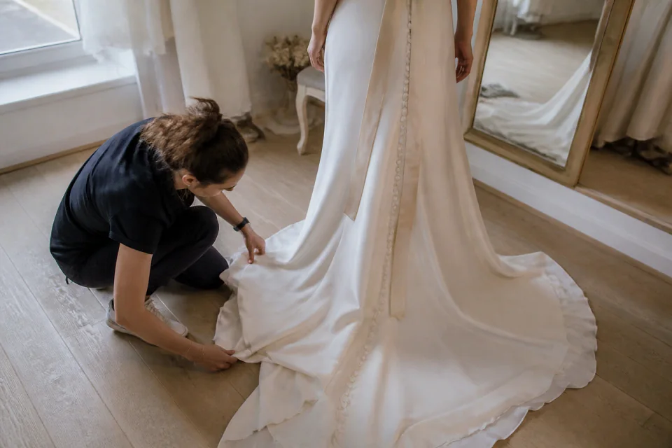Robe de mariée dans un atelier de confection — illustration générée par IA