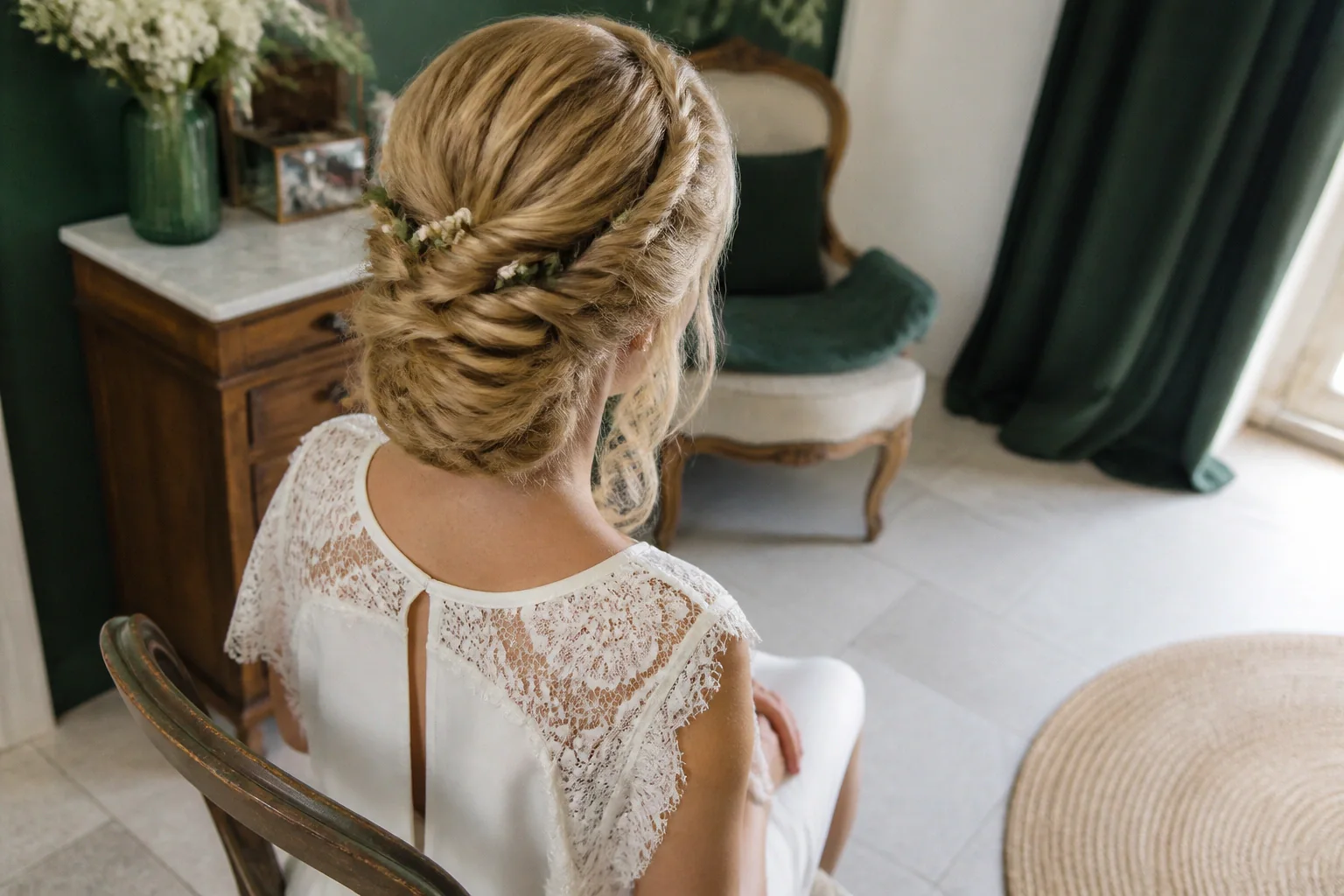 Coiffure de cérémonie vue pendant la préparation — illustration générée par IA