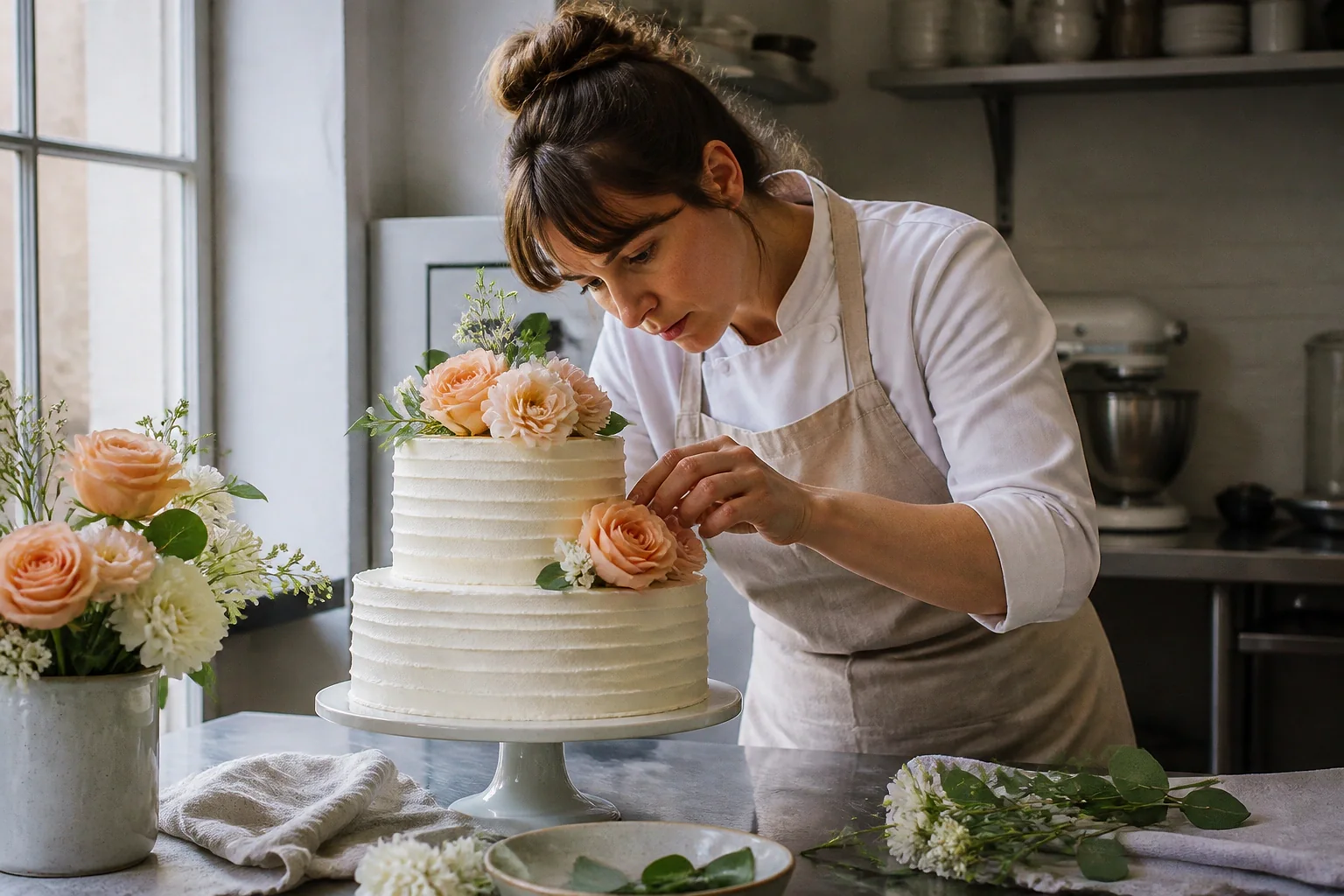 Gâteau de mariage préparé dans un atelier — illustration générée par IA