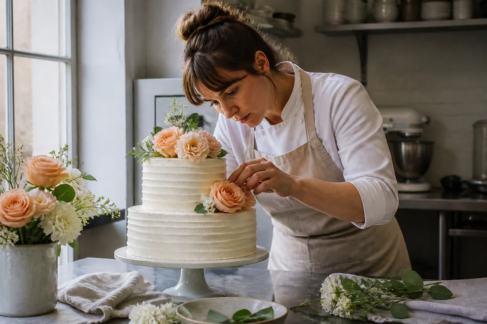 Gâteau de mariage préparé dans un atelier — illustration générée par IA