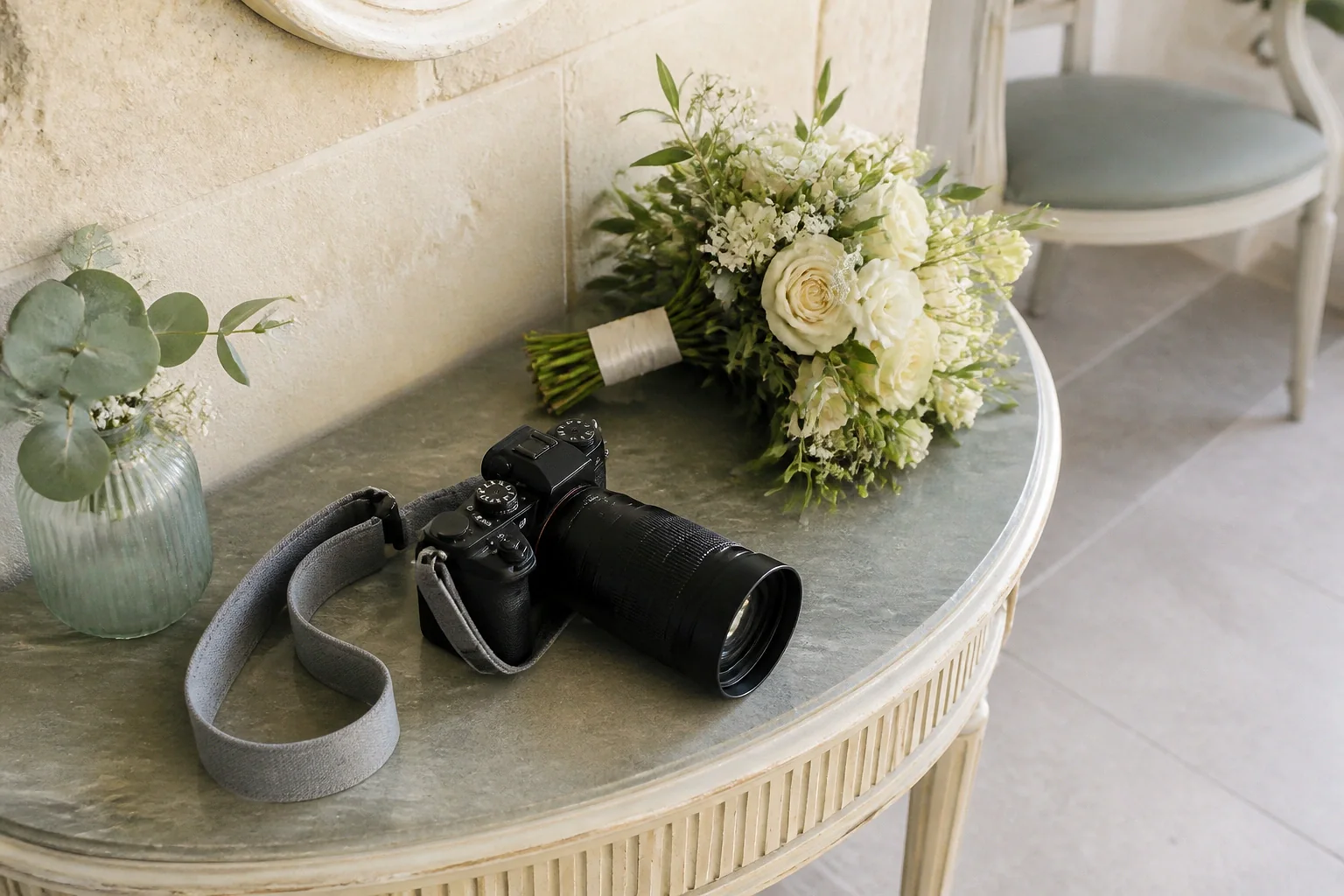 Appareil photo et accessoires de reportage de mariage — illustration générée par IA