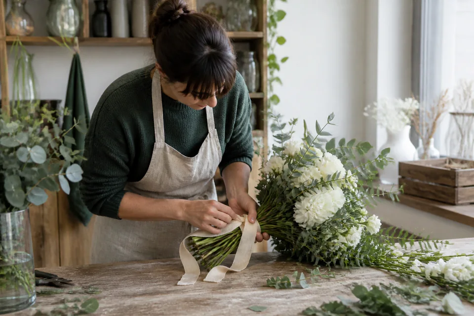 Préparation florale pour un mariage — illustration générée par IA
