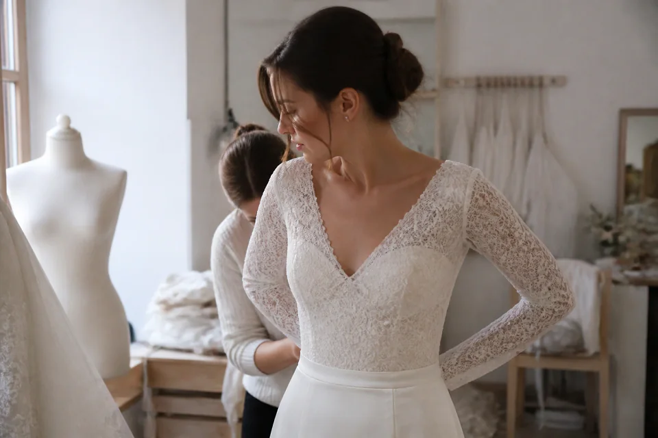 Robe de mariée dans un atelier de confection — illustration générée par IA