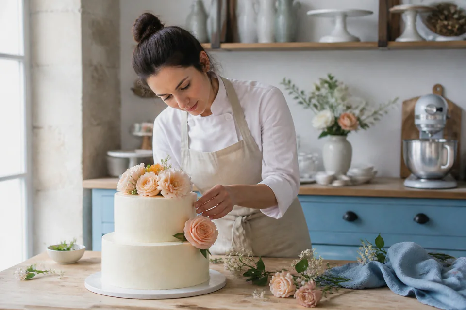 Gâteau de mariage préparé dans un atelier — illustration générée par IA