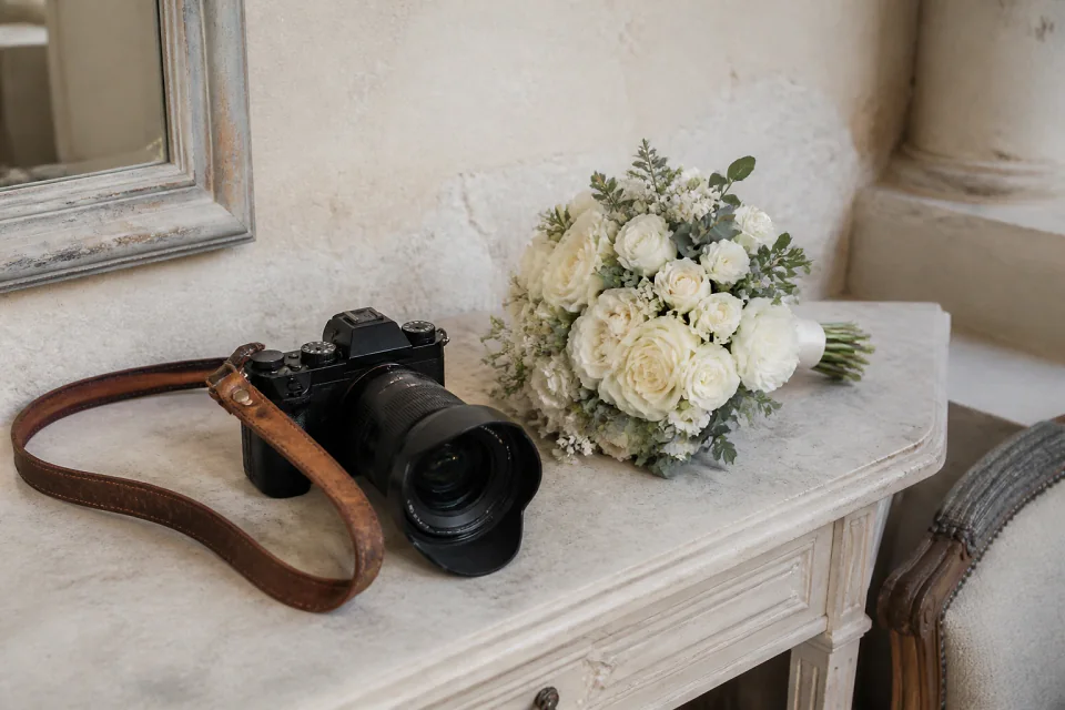 Appareil photo et accessoires de reportage de mariage — illustration générée par IA