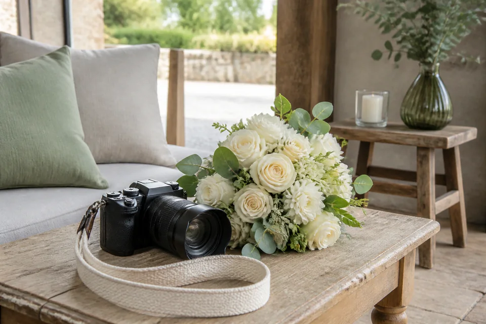 Appareil photo et accessoires de reportage de mariage — illustration générée par IA