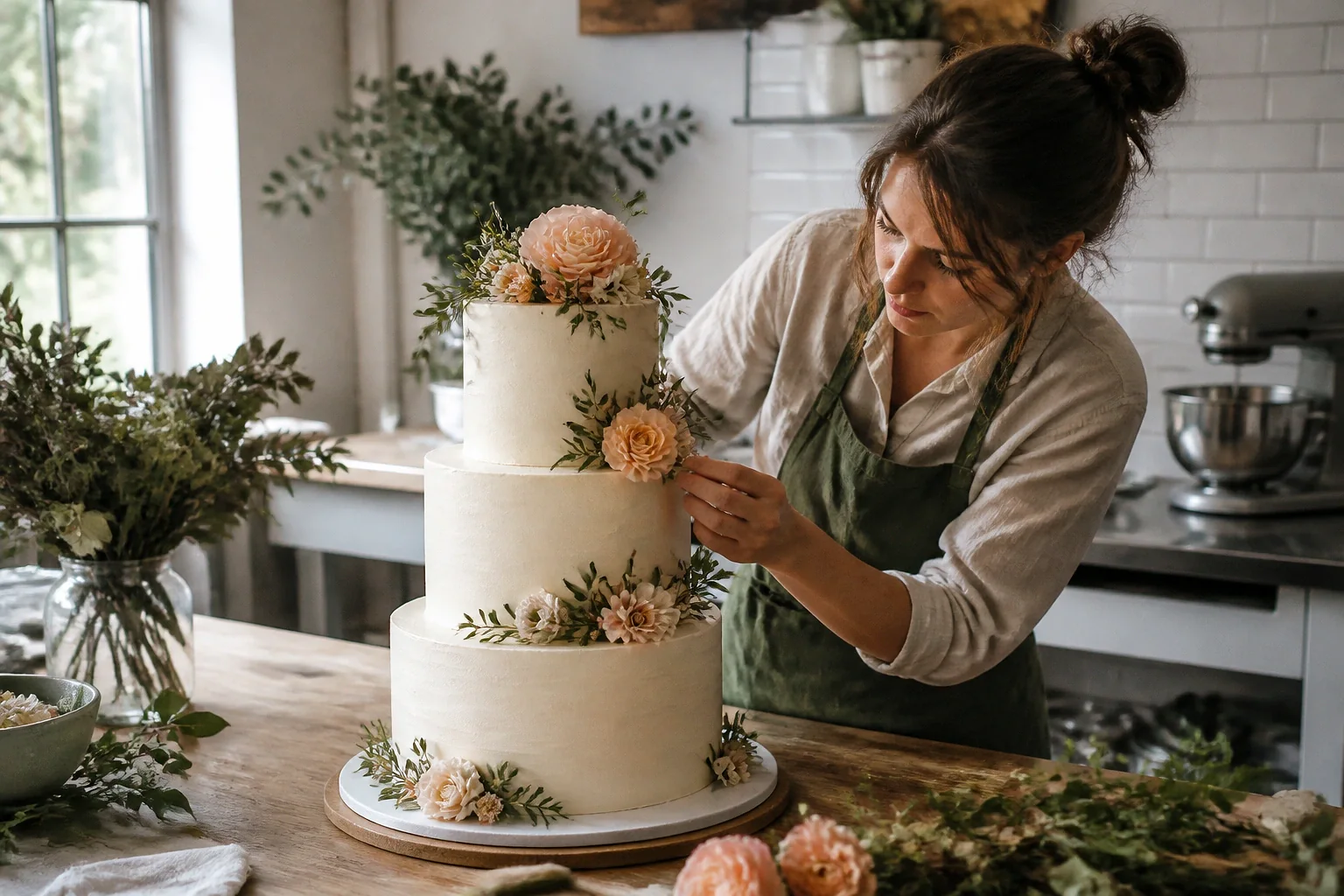 Gâteau de mariage préparé dans un atelier — illustration générée par IA