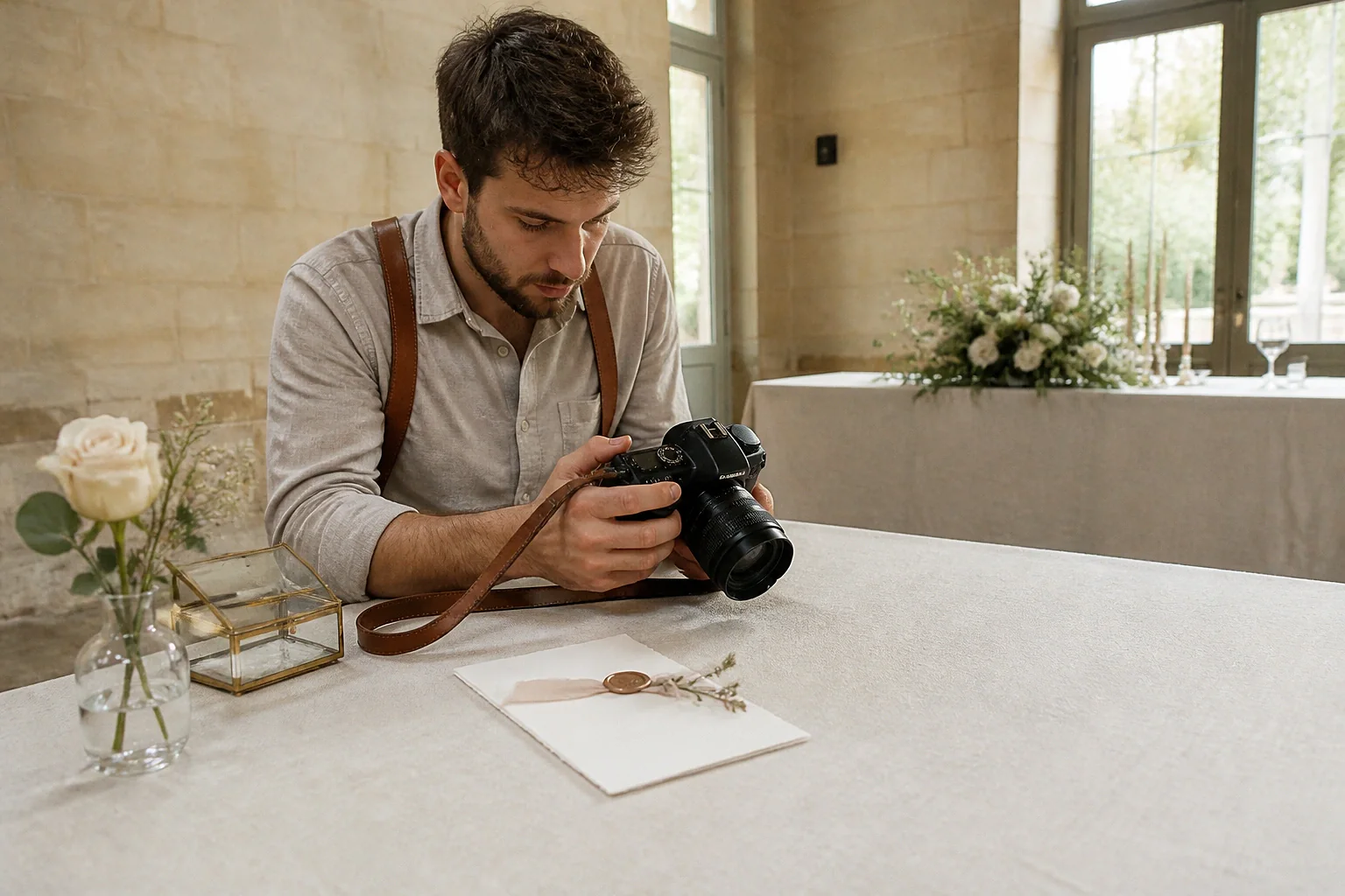 Appareil photo et accessoires de reportage de mariage — illustration générée par IA