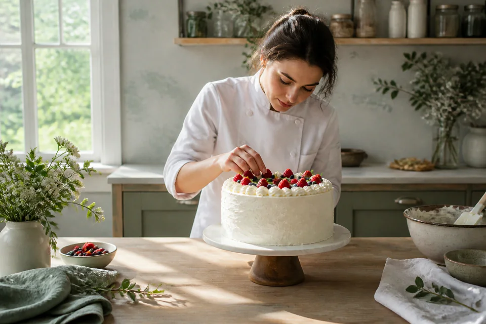 Gâteau de mariage préparé dans un atelier — illustration générée par IA