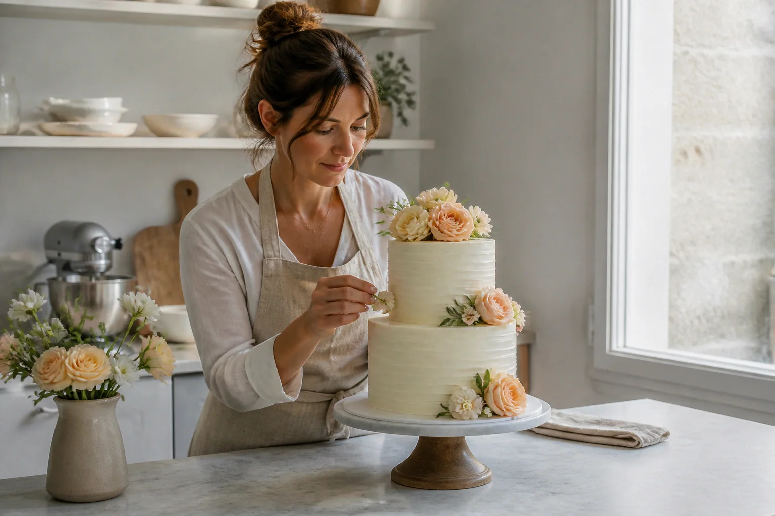 Gâteau de mariage préparé dans un atelier — illustration générée par IA