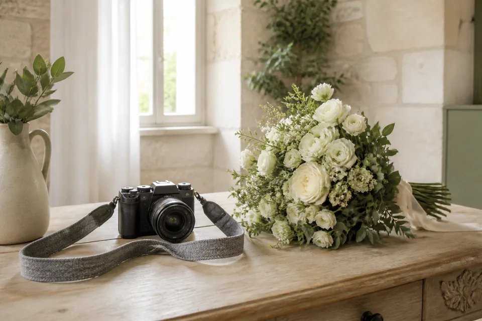 Appareil photo et accessoires de reportage de mariage — illustration générée par IA