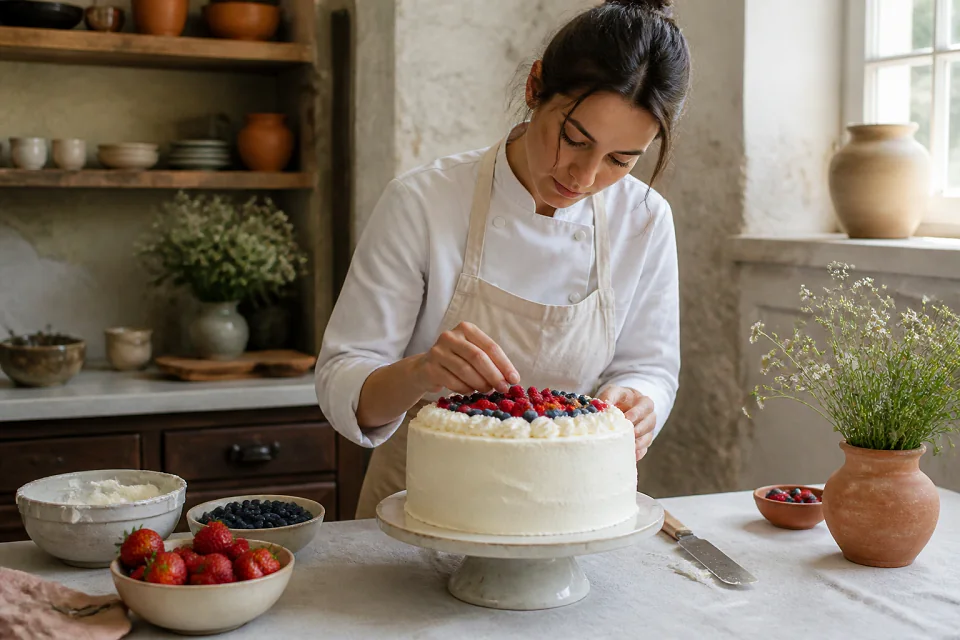 Gâteau de mariage préparé dans un atelier — illustration générée par IA