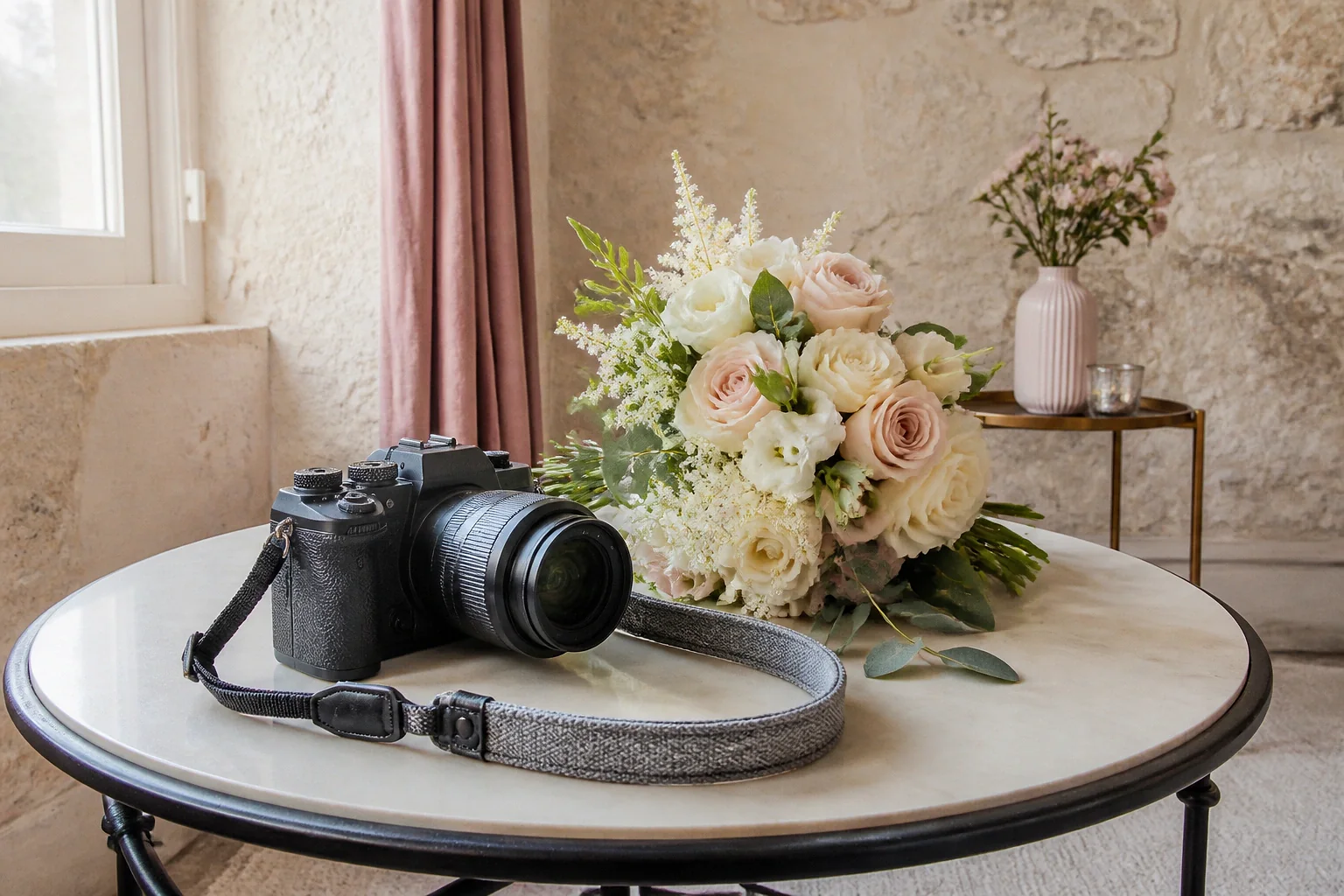 Appareil photo et accessoires de reportage de mariage — illustration générée par IA