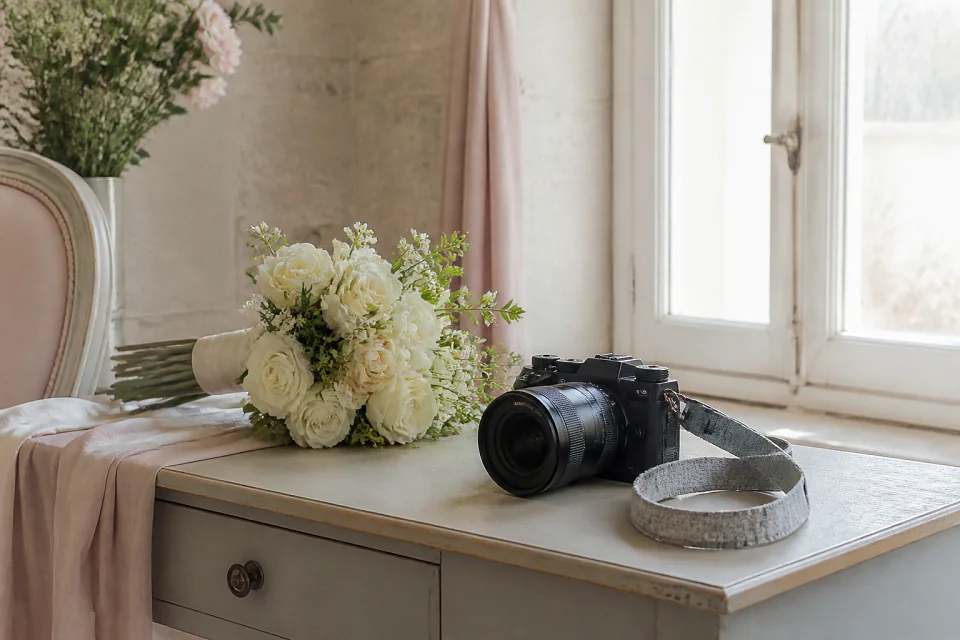 Appareil photo et accessoires de reportage de mariage — illustration générée par IA