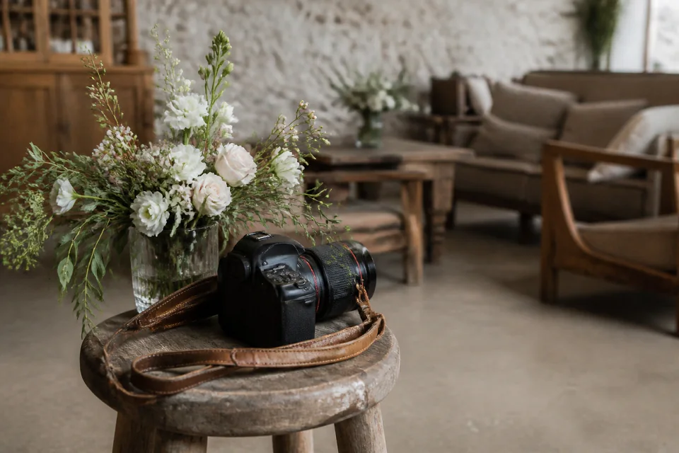 Appareil photo et accessoires de reportage de mariage — illustration générée par IA