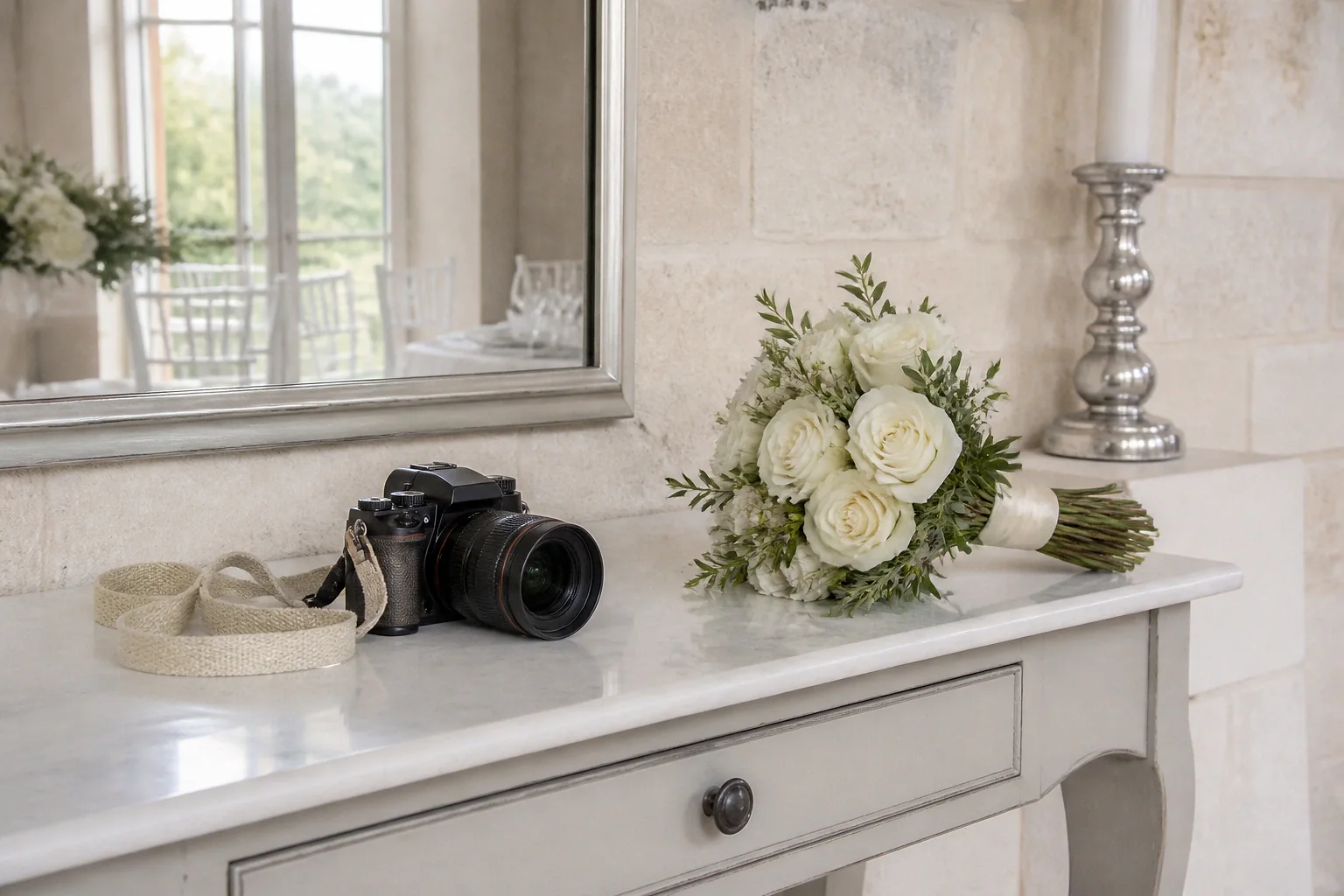 Appareil photo et accessoires de reportage de mariage — illustration générée par IA