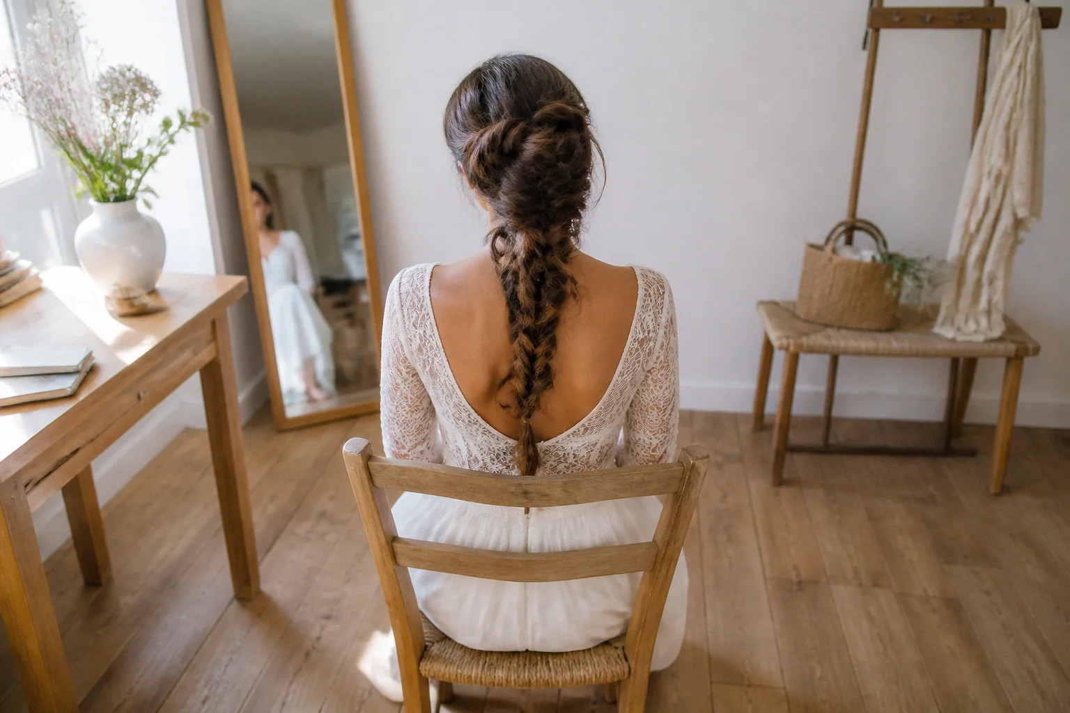 Coiffure de cérémonie vue pendant la préparation — illustration générée par IA