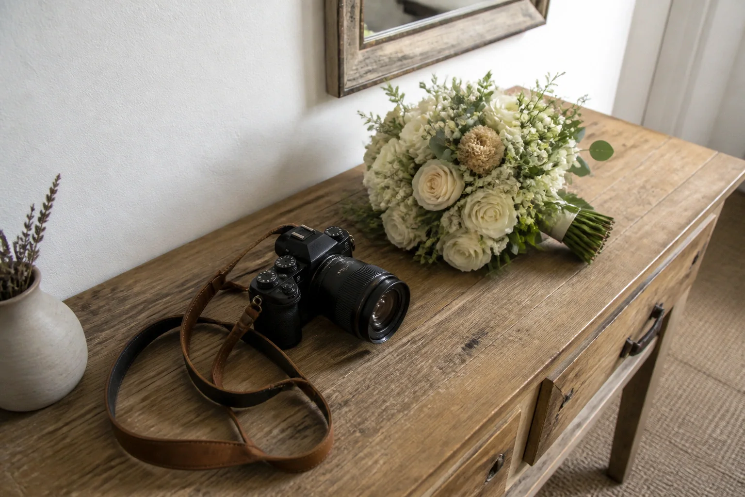 Appareil photo et accessoires de reportage de mariage — illustration générée par IA
