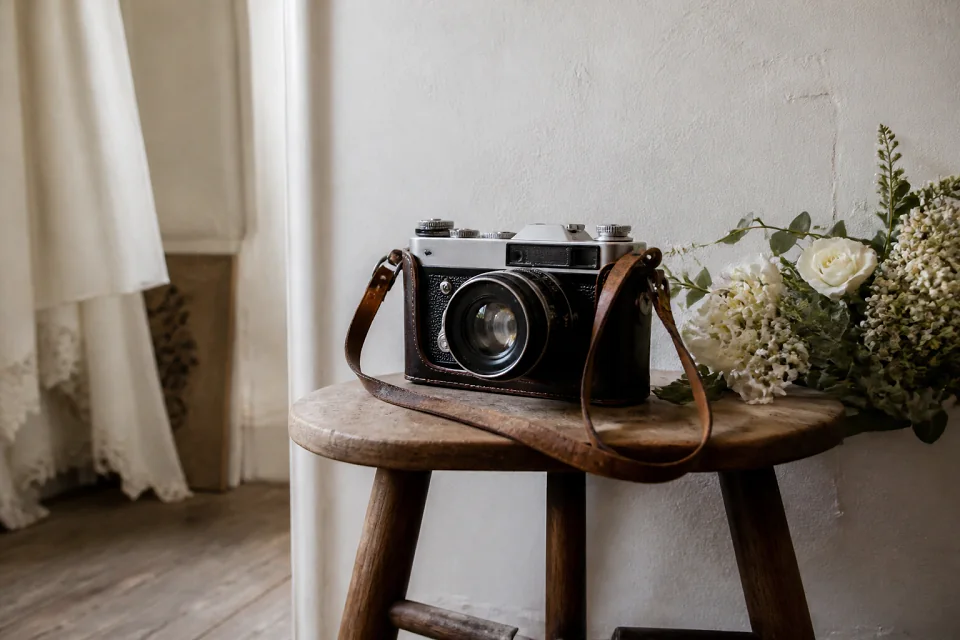 Appareil photo et accessoires de reportage de mariage — illustration générée par IA