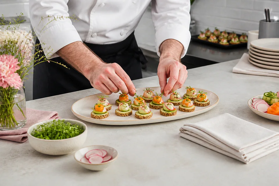Préparations salées pour un cocktail de mariage — illustration générée par IA