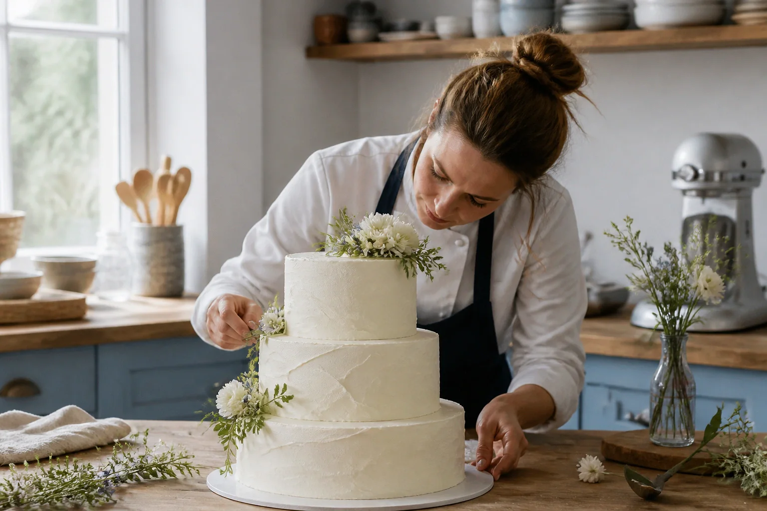 Gâteau de mariage préparé dans un atelier — illustration générée par IA