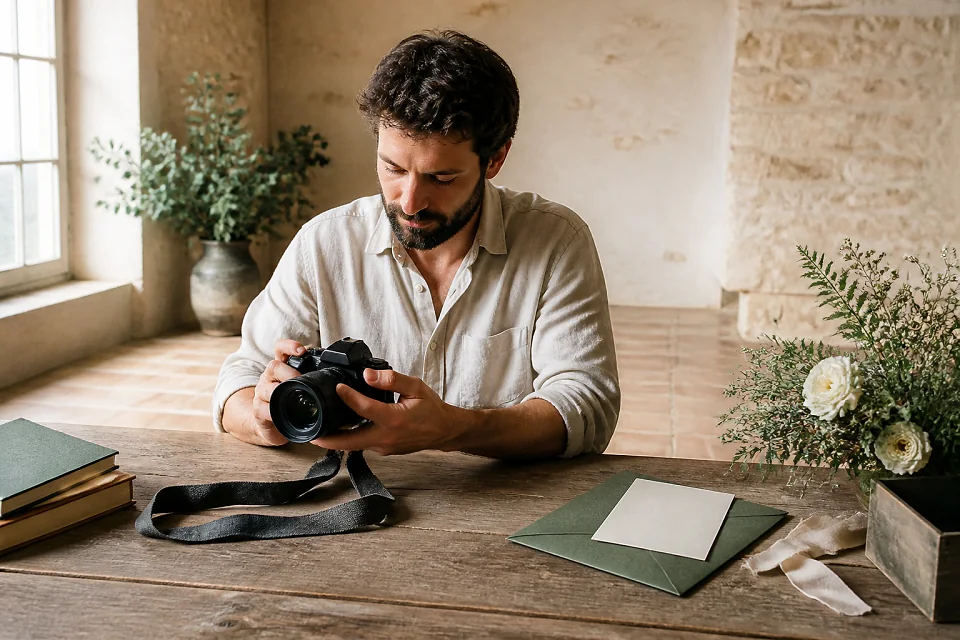 Appareil photo et accessoires de reportage de mariage — illustration générée par IA
