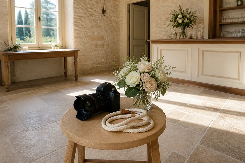 Appareil photo et accessoires de reportage de mariage — illustration générée par IA