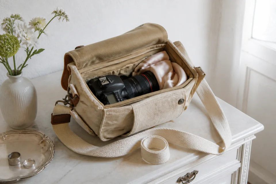 Appareil photo et accessoires de reportage de mariage — illustration générée par IA