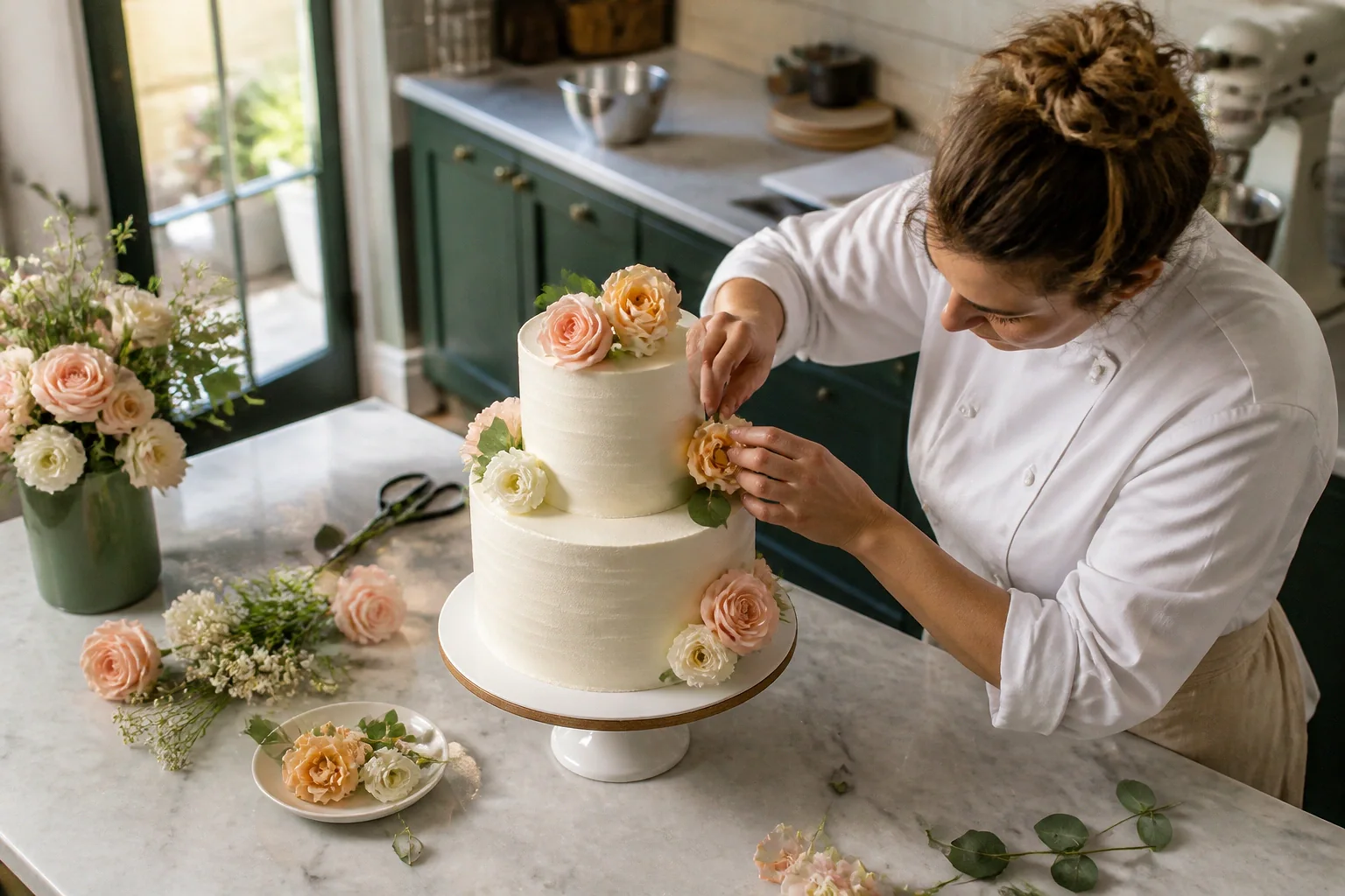Gâteau de mariage préparé dans un atelier — illustration générée par IA