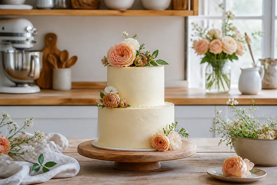 Gâteau de mariage préparé dans un atelier — illustration générée par IA