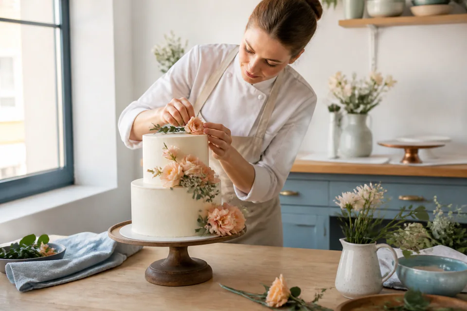 Gâteau de mariage préparé dans un atelier — illustration générée par IA