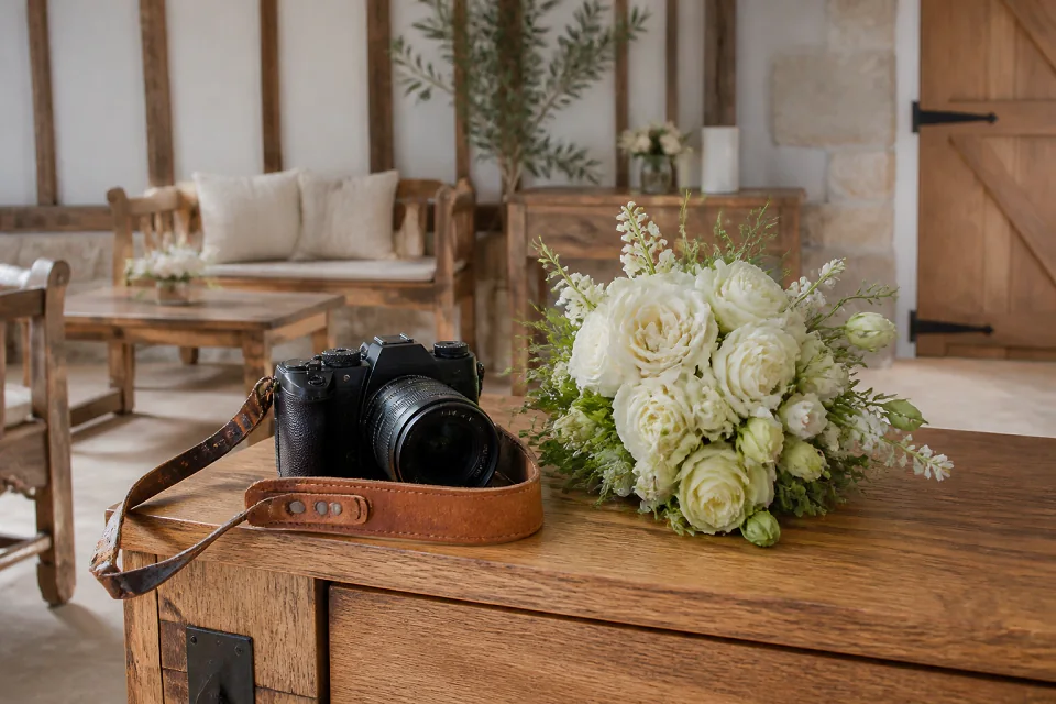 Appareil photo et accessoires de reportage de mariage — illustration générée par IA