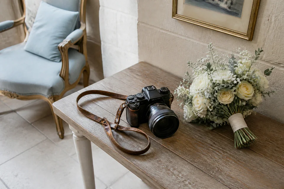 Appareil photo et accessoires de reportage de mariage — illustration générée par IA