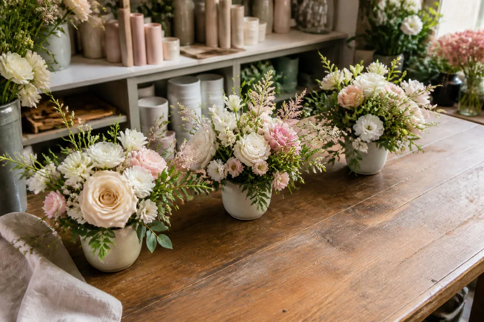 Préparation florale pour un mariage — illustration générée par IA