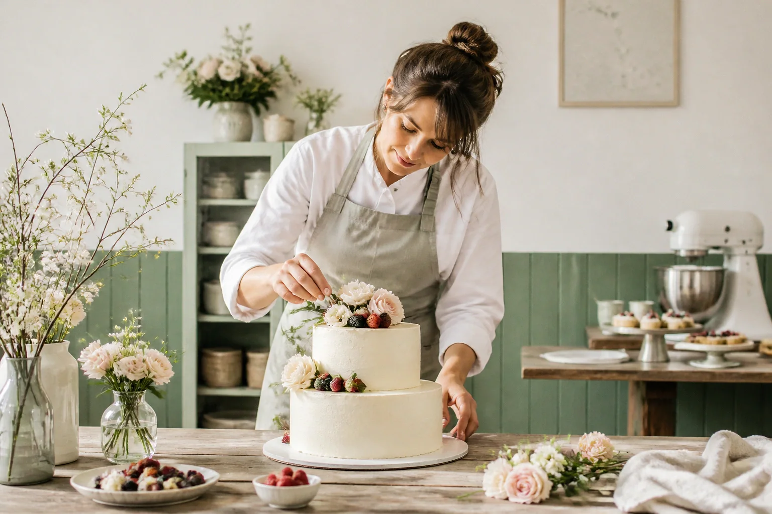 Gâteau de mariage préparé dans un atelier — illustration générée par IA