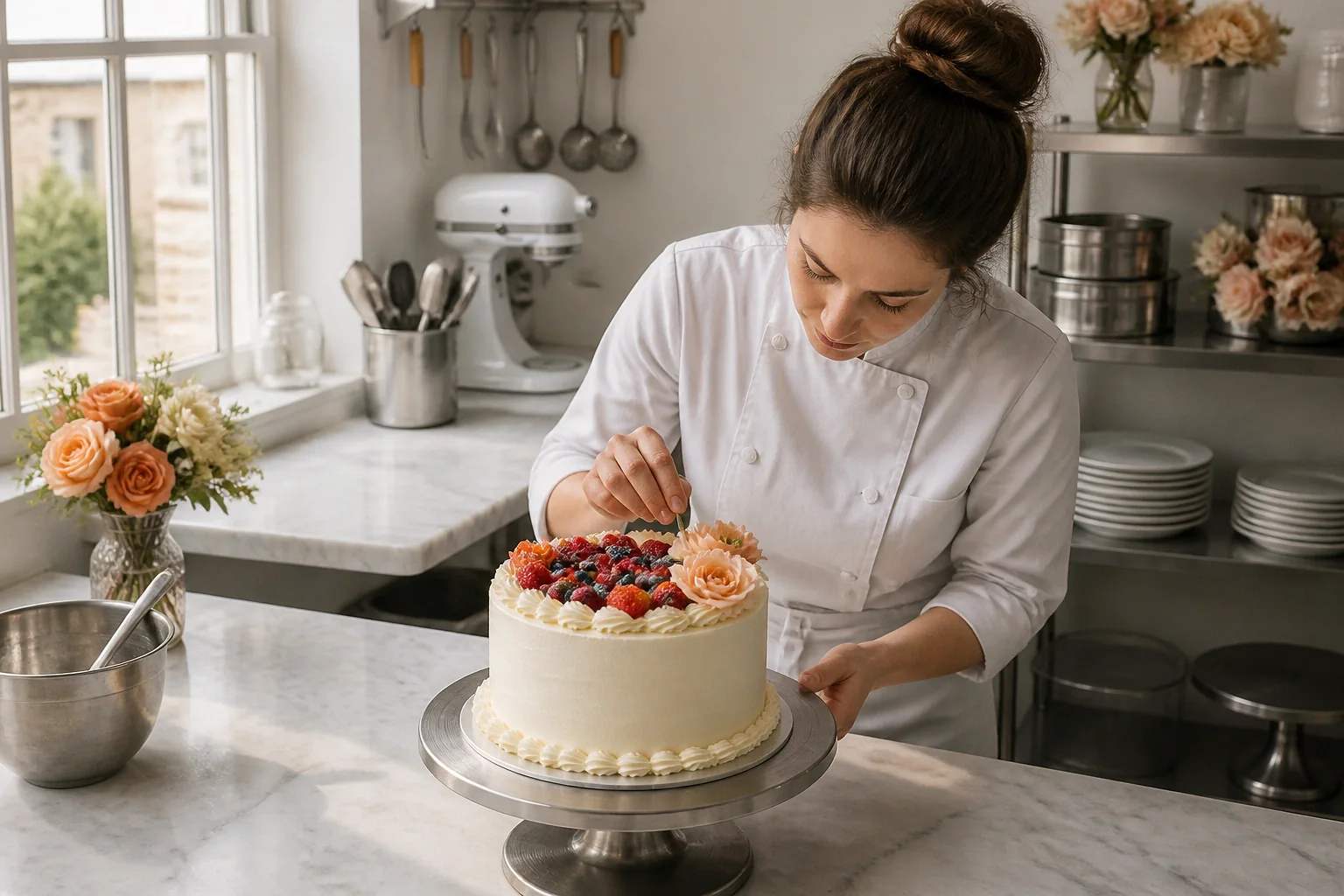 Gâteau de mariage préparé dans un atelier — illustration générée par IA