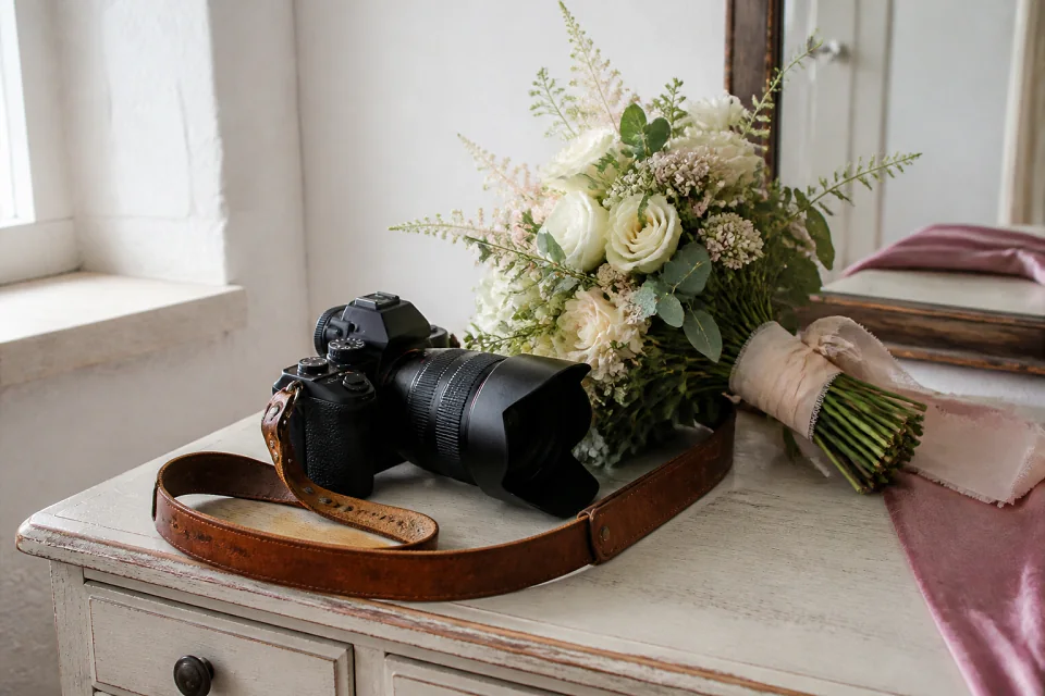 Appareil photo et accessoires de reportage de mariage — illustration générée par IA
