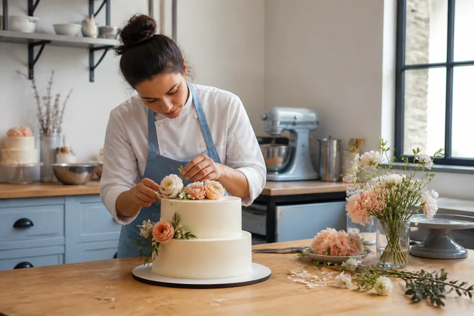 Gâteau de mariage préparé dans un atelier — illustration générée par IA