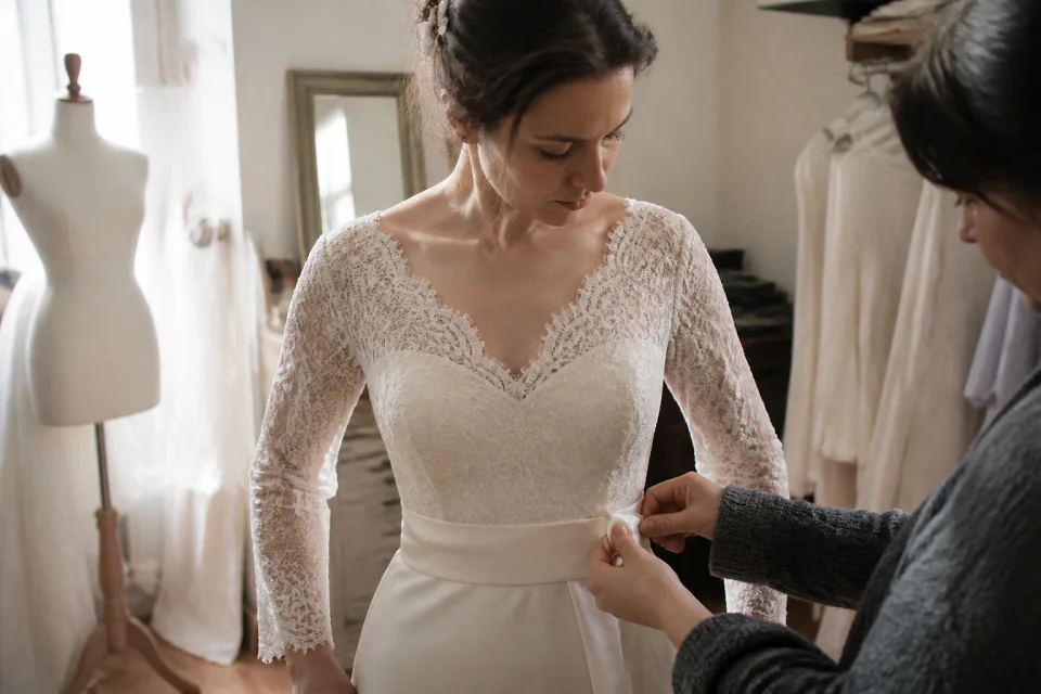 Robe de mariée dans un atelier de confection — illustration générée par IA