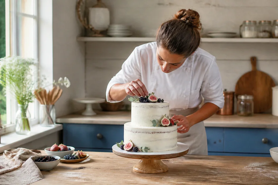 Gâteau de mariage préparé dans un atelier — illustration générée par IA