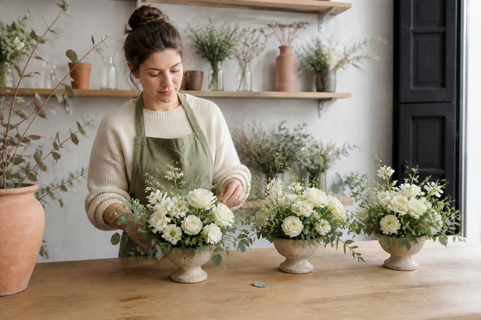 Préparation florale pour un mariage — illustration générée par IA