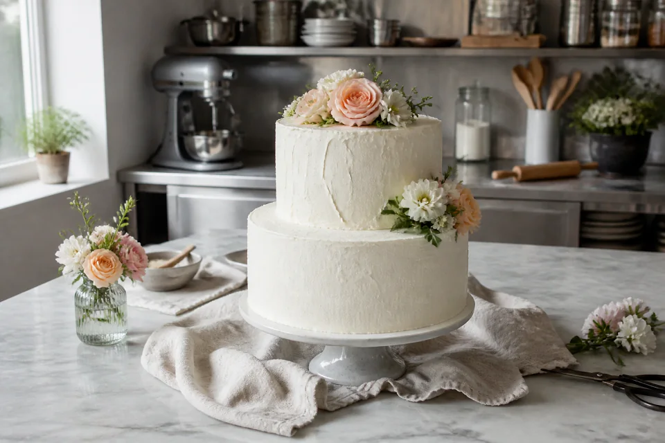 Gâteau de mariage préparé dans un atelier — illustration générée par IA