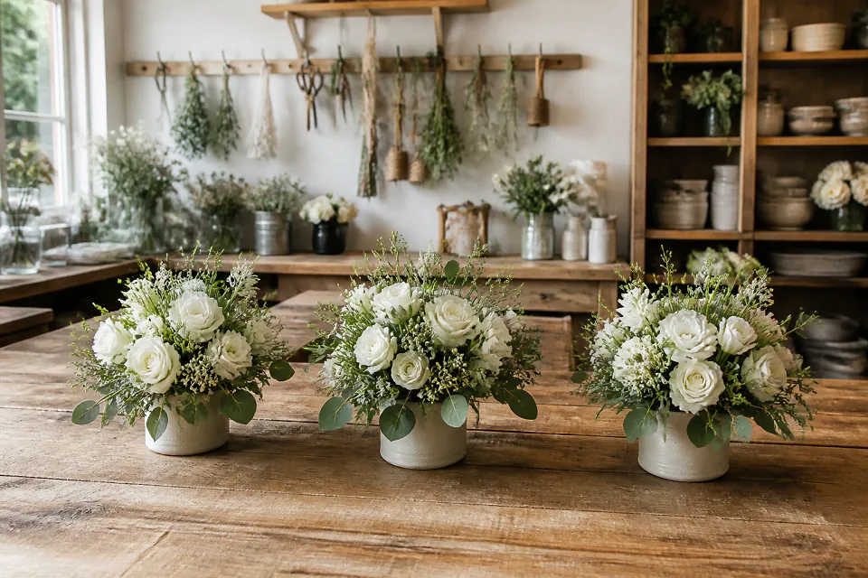 Préparation florale pour un mariage — illustration générée par IA