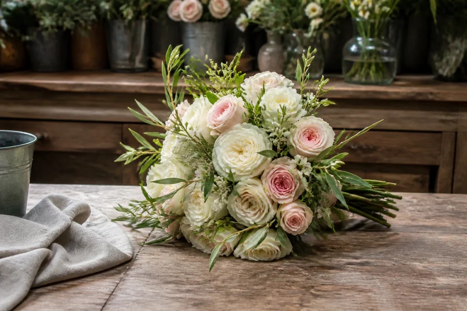 Préparation florale pour un mariage — illustration générée par IA