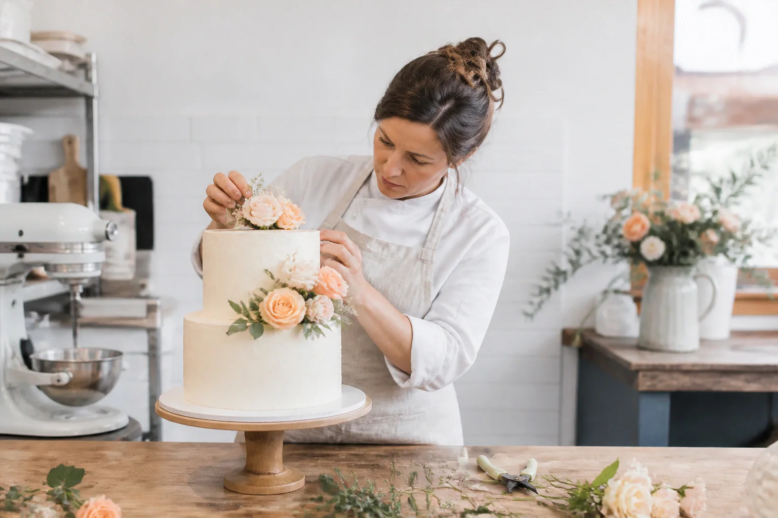Gâteau de mariage préparé dans un atelier — illustration générée par IA