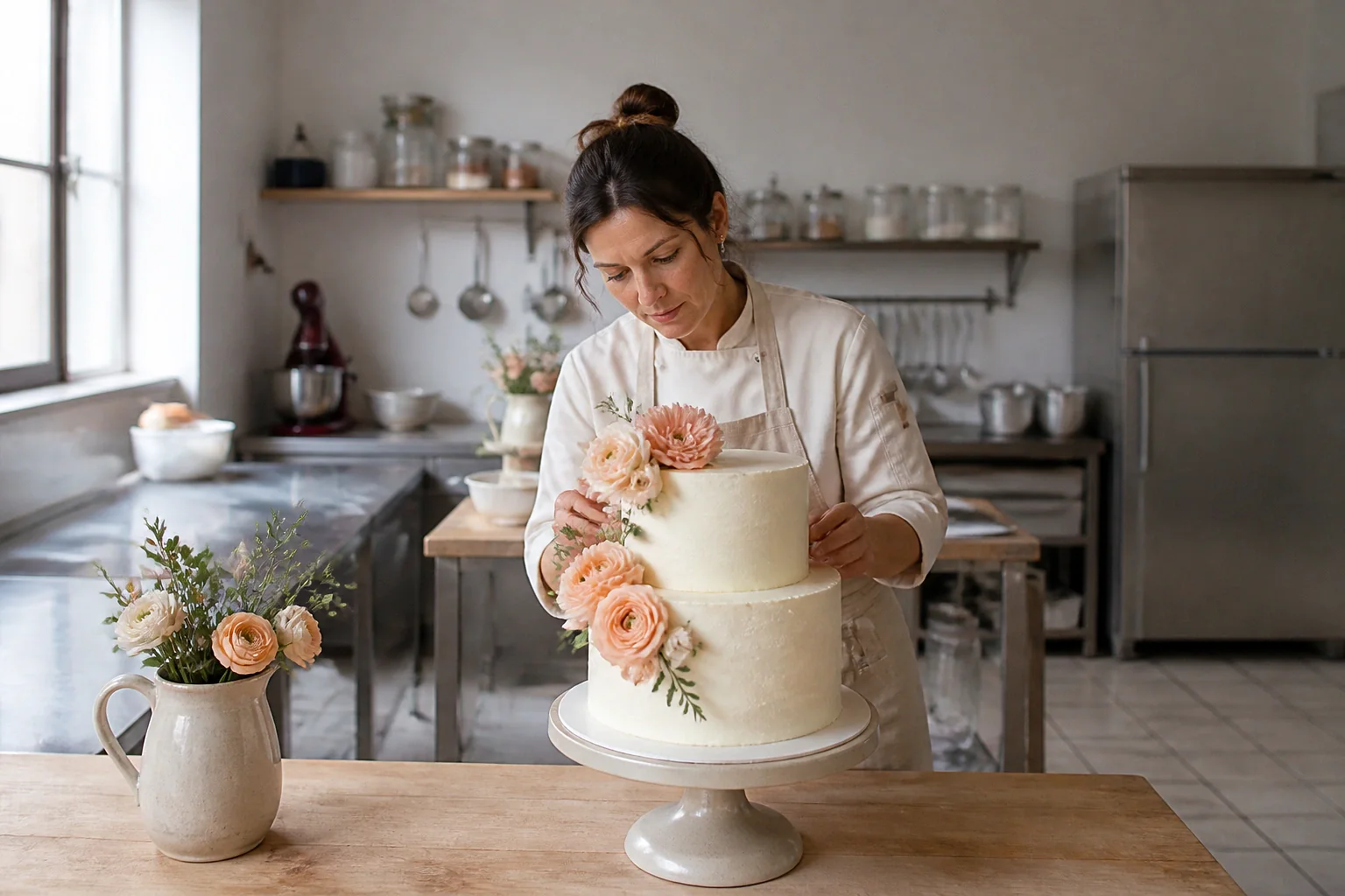 Gâteau de mariage préparé dans un atelier — illustration générée par IA