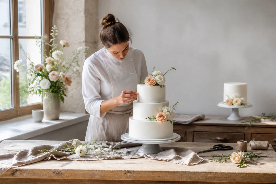 Gâteau de mariage préparé dans un atelier — illustration générée par IA